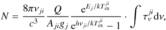 Mathematical equation: \begin{equation} \label{eq:col_den} N = \frac{8\pi \nu_{ji}}{c^3}\frac{Q}{A_{ji}g_j}\frac{{\rm e}^{E_j/kT_{\rm ex}^{ji}} }{{\rm e}^ {h\nu_{ji}/kT_{\rm ex}^{ji}} -1} \cdot \int \tau_\nu^{ji} {\rm d}\nu, \end{equation}