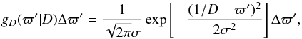 Mathematical equation: \begin{equation} g_D(\varpi'|D)\Delta\varpi' = {1\over\sqrt{2\pi}\sigma} \exp\left[-\,{(1/D-\varpi')^2\over2\sigma^2}\right] \Delta\varpi' \label{e:gauss}, \end{equation}