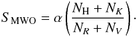 Mathematical equation: \begin{eqnarray} \label{sindex_mwo} S_{\rm{MWO}} = \alpha \left( \frac{N_{\rm H}+N_{K}}{N_{R}+N_{V}} \right)\cdot \end{eqnarray}