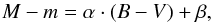 Mathematical equation: \begin{equation} M-m=\alpha\cdot (B-V)+ \beta{\rm ,} \label{calib-cur} \end{equation}