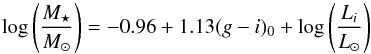 Mathematical equation: \begin{equation} \log\left(\frac{M_{\star}}{{M_{\odot}}}\right)=-0.96+1.13(g-i)_{0}+\log\left(\frac{L_{i}}{{L_{\odot}}}\right) \label{masseq} \end{equation}