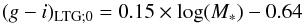 Mathematical equation: \begin{equation} (g-i)_{\rm LTG;0}=0.15\times \log(M_*)-0.64 \end{equation}