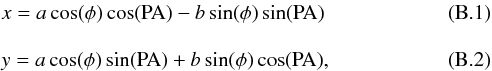 Mathematical equation: \appendix \setcounter{section}{2} \begin{eqnarray} &&x=a \cos(\phi)\cos({\rm PA})-b \sin(\phi)\sin({\rm PA}) \\[3mm] &&y=a \cos(\phi)\sin({\rm PA})+b \sin(\phi)\cos({\rm PA}), \end{eqnarray}