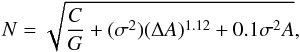 Mathematical equation: \begin{equation} \label{noise} N=\sqrt{\frac{C}{G}+(\sigma^2)(\Delta A)^{1.12}+0.1\sigma^2A}, \end{equation}