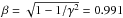 Mathematical equation: \hbox{$\beta = \sqrt{1 - 1/\gamma^2} = 0.991$}