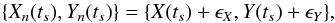 Mathematical equation: \appendix \setcounter{section}{3} \begin{equation} \{X_{{n}}(t_s),Y_{{n}}(t_s)\}=\{X(t_s)+\epsilon_X,Y(t_s)+\epsilon_Y\}, \label{eqc1} \end{equation}
