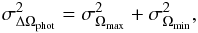 Mathematical equation: \begin{equation} \sigma^2_{\Delta\Omega_{\rm phot}} = \sigma^2_{\Omega_{\rm max}}+ \sigma^2_{\Omega_{\rm min}} , \end{equation}