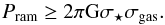 Mathematical equation: \begin{equation} P_\mathrm{ram} \geq 2\pi\mathrm{G}\sigma_\star\sigma_\mathrm{gas}. \end{equation}