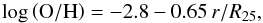 Mathematical equation: \begin{equation} \log \left({\rm O/H}\right) = -2.8 - 0.65\, r/{R}_{25} , \end{equation}