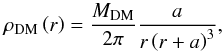Mathematical equation: \begin{equation} \rho_\mathrm{DM}\left( r \right) = \frac{M_\mathrm{DM}}{2\pi} \frac{a}{r \left( r+a \right)^3}, \label{eq:hernquist} \end{equation}