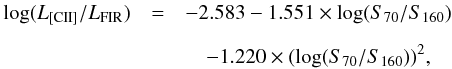 Mathematical equation: \begin{eqnarray} \log(L_{\rm [CII]}/L_{\rm FIR}) & =& -2.583 - 1.551\times \log(S_{70}/S_{160}) \nonumber\\[2mm] &&\quad - 1.220\times (\log(S_{70}/S_{160}))^2, \label{eq:ciifitcol} \end{eqnarray}