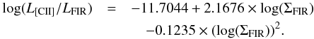Mathematical equation: \begin{eqnarray} \log(L_{\rm [CII]}/L_{\rm FIR}) & = & -11.7044 + 2.1676\times \log(\Sigma_{\rm FIR})\nonumber\\ && \quad - 0.1235\times (\log(\Sigma_{\rm FIR}))^2. \label{eq:ciifit} \end{eqnarray}