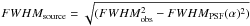 Mathematical equation: \hbox{$FWHM_{\rm source}=\sqrt{(FWHM_{\rm obs}^2-FWHM_{\rm PSF}(\alpha )^2)}$}