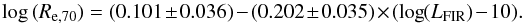 Mathematical equation: \begin{equation} {\rm log}\,(R_{\rm e,70}) = (0.101\pm 0.036) - (0.202\pm 0.035)\times (\log(L_{\rm FIR})-10). \label{eq:size_fir} \end{equation}