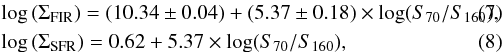 Mathematical equation: \begin{eqnarray} &&{\rm log}\,(\Sigma_{\rm FIR}) = (10.34\pm 0.04) + (5.37\pm 0.18)\times \log(S_{70}/S_{160}), \\ &&{\rm log}\,(\Sigma_{\rm SFR}) = 0.62 + 5.37\times \log(S_{70}/S_{160}), \end{eqnarray}