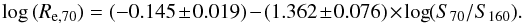 Mathematical equation: \begin{equation} {\rm log}\,(R_{\rm e,70}) = (-0.145\pm 0.019) - (1.362\pm 0.076)\times \log(S_{70}/S_{160}). \end{equation}