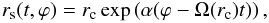 Mathematical equation: \begin{equation} r_{\rm s}(t,\varphi) = r_{\rm c} \,\mathrm{exp}\left(\alpha (\varphi-\Omega(r_{\rm c})t)\right), \end{equation}