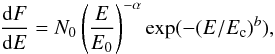 Mathematical equation: \begin{eqnarray} \frac{{\rm d}F}{{\rm d}E} = N_{0}\left(\frac{E}{E_{0}}\right)^{-\alpha}\exp(-(E/E_{\rm c})^{b}), \end{eqnarray}