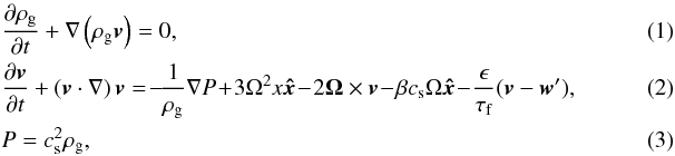 Mathematical equation: \begin{eqnarray} \label{eoc} &&\frac{\partial \rho_{\rm g}}{\partial t}+\nabla \left(\rho_{\rm g} \vec{v}\right)=0, \\ \label{isoeom} &&\frac{\partial \vec{v}}{\partial t}+ \left(\vec{v} \cdot \nabla \right) \vec{v} = \!- \!\frac{1}{\rho_{\rm g}} \nabla P \!+\! 3\Omega^2 x \vec{\hat{x}} \!-\! 2\vec{\Omega} \times \vec{v} \!-\! \beta c_{\rm s} \Omega \vec{\hat{x}} \!-\! \frac{\epsilon}{\tau_{\rm f}}(\vec{v}-\vec{w}'), \\ \label{iso} &&P=c_{\rm s}^2 \rho_{\rm g},~~ \end{eqnarray}