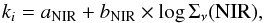Mathematical equation: \begin{equation} k_i=a_{\rm NIR}+b_{\rm NIR}\times \log\Sigma_\nu(\rm NIR), \end{equation}