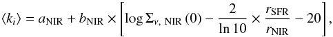 Mathematical equation: \begin{equation} \label{eqn:effective-kir} \left<k_i\right>=a_{\rm NIR}+b_{\rm NIR}\times\left[\log\Sigma_{\nu\mathrm{,~NIR}}\left(0\right)-\frac{2}{\ln 10}\times\frac{r_{\rm SFR}}{r_{\rm NIR}}-20\right], \end{equation}