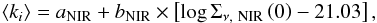 Mathematical equation: \begin{equation} \left<k_i\right>=a_{\rm NIR}+b_{\rm NIR}\times\left[\log\Sigma_{\nu\mathrm{,~NIR}}\left(0\right)-21.03\right],\label{eqn:kIR-resolved} \end{equation}