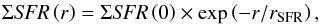 Mathematical equation: \appendix \setcounter{section}{5} \begin{eqnarray} \Sigma\textit{SFR}\left(r\right)=\Sigma\textit{SFR}\left(0\right)\times\exp\left(-r/r_{\rm SFR}\right), \end{eqnarray}