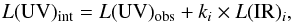 Mathematical equation: \begin{equation} L({\rm UV})_{\rm int}=L({\rm UV})_{\rm obs}+k_i\times L({\rm IR})_i, \end{equation}