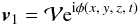 Mathematical equation: \begin{eqnarray} {{\vec{v}}_1} = {\bf{{\mathcal{V}}}} {\rm{e}}^{{\rm{i}} \phi (x,\:y,\:z,\:t) } \label{WKB} \end{eqnarray}