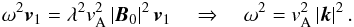 Mathematical equation: \appendix \setcounter{section}{2} \begin{eqnarray*} \omega ^2 {{{\vec{v}}}}_1 = \lambda^2 v_{\rm A}^2 \left| {\vec{B}}_0 \right|^2 {{{\vec{v}}}}_1 \quad \Rightarrow \quad \omega ^2 = v_{\rm A}^2 \left| {{\vec{k}}} \right|^2 . \end{eqnarray*}