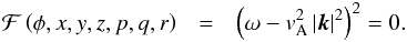 Mathematical equation: \appendix \setcounter{section}{2} \begin{eqnarray*} \mathcal{F}\left( \phi, x,y,z,p,q,r \right)&=& \left( \omega - v_{\rm A}^2 \left| {{\vec{k}}} \right|^2 \right)^2 =0. \end{eqnarray*}