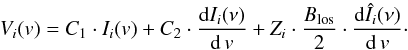 Mathematical equation: \begin{equation} \label{eq:Z-model} V_i(v) = C_1 \cdot{} I_i(v) + C_2 \cdot{} \frac{{\rm{}d}I_i(\nu)}{{\rm{}d}\,v} + Z_i \cdot \frac{B_{\rm{}los}}{2} \cdot{} \frac{{\rm{}d}\hat{I}_i(\nu)}{{\rm{}d}\,v} \cdot \end{equation}