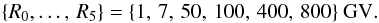 Mathematical equation: \begin{equation} \{R_0, \dots ,\,R_5\} = \{1,\,7,\,50,\,100,\,400,\,800\}~{\rm GV}. \end{equation}
