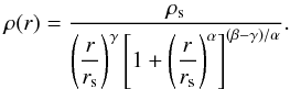 Mathematical equation: \begin{eqnarray} \rho(r) = \frac{\rho_{\rm s}}{\left( \dfrac{r}{r_{\rm s}} \right)^\gamma \left[1 + \left( \dfrac{r}{r_{\rm s}} \right)^\alpha \right]^{(\beta-\gamma)/\alpha}} . \label{eqn:double_powerlaw} \end{eqnarray}