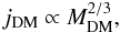 Mathematical equation: \begin{equation} j_{\rm DM}\propto M_{\rm DM}^{2/3} , \end{equation}