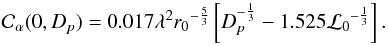 Mathematical equation: \begin{equation} {\cal C}_{\alpha}(0,D_p)=0.017 \lambda^2 {r_0}^{-\frac{5}{3}} \left[D_p^{-\frac{1}{3}}-1.525 {{\cal L}_0}^{-\frac{1}{3}}\right] \label{L0calculation} . \end{equation}