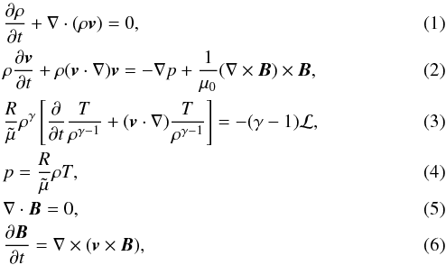 Mathematical equation: \begin{eqnarray} &&\frac{\partial \rho}{\partial t} + \nabla \cdot (\rho \vec v)=0, \\ &&\rho\frac{\partial \vec v}{\partial t} + \rho (\vec v \cdot \nabla) \vec v = -\nabla p + \frac{1}{\mu_0}(\nabla \times \vec B) \times \vec B, \\ &&\frac{R}{\tilde \mu}\rho^{\gamma}\left[\frac{\partial}{\partial t} \frac{T}{\rho^{\gamma - 1}} + (\vec v \cdot \nabla)\frac{T}{\rho^{\gamma -1}} \right] = -(\gamma - 1)\cal L, \\ &&p = \frac{R}{\tilde \mu} \rho T, \\ &&\nabla \cdot \vec B = 0, \\ &&\frac{\partial \vec B}{\partial t} = \nabla \times (\vec v \times \vec B), \end{eqnarray}