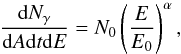 Mathematical equation: \begin{equation} {{\mathrm{d}N_{\gamma} \over {\mathrm{d}A \mathrm{d}t \mathrm{d}E}}} = N_{0} \left(\frac{E}{E_{0}}\right)^{\alpha} , \end{equation}