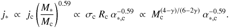 Mathematical equation: \begin{eqnarray} j_\ast ~&\propto~ j_\mathrm{c} \left({M_\ast\over M_\mathrm{c}}\right)^{0.59} \propto~ \sigma_\mathrm{c} ~R_\mathrm{c} ~\alpha_{\ast,\mathrm{c}}^{-0.59} ~\propto~ M_{\rm c}^{(4-\gamma)/(6-2\gamma)} ~\alpha_{\ast,\mathrm{c}}^{-0.59}. \end{eqnarray}