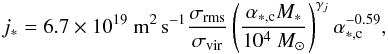 Mathematical equation: \begin{eqnarray} j_\ast = 6.7 \times 10^{19}~\mathrm{m}^2\, \mathrm{s}^{-1} {\sigma_\mathrm{rms} \over \sigma_\mathrm{vir}} \left({ \alpha_{\ast,{\rm c}} M_\ast \over 10^4~{M}_\odot}\right)^{\gamma_j} \alpha_{\ast,\mathrm{c}}^{-0.59}, \label{eq_j} \end{eqnarray}