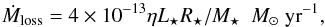 Mathematical equation: \begin{equation} \dot{M}_{\rm loss}= 4\times10^{-13}\eta L_{\star}R_{\star}/M_{\star} \ \ M_{\odot}\ {\rm yr}^{-1} , \label{equa:mass_loss_rate} \end{equation}