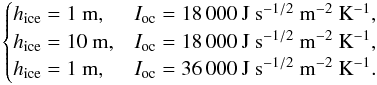 Mathematical equation: \begin{eqnarray*} \begin{cases} h_{\rm ice} = 1~\m, & I_{\rm oc} = 18\,000~\inertia, \\ h_{\rm ice} = 10~\m, & I_{\rm oc} = 18\,000~\inertia, \\ h_{\rm ice} = 1~\m, & I_{\rm oc} = 36\,000~\inertia. \end{cases} \end{eqnarray*}