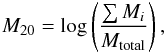 Mathematical equation: \begin{eqnarray} M_{20}=\log \left(\frac{\sum{M_{i}}}{M_{\rm total}}\right) , \label{m20formula} \end{eqnarray}