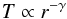 Mathematical equation: \begin{equation} T \propto r^{-\gamma} \end{equation}