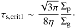 Mathematical equation: \begin{equation} \tau_{\rm s, crit1} \sim \frac{\sqrt{3\pi}}{8\eta}\frac{\sigp}{\sigg}\cdot \label{eq:tau_s_crit1} \end{equation}