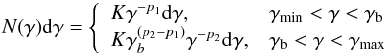 Mathematical equation: \begin{equation} \label{eq:bknpo} N (\gamma) {\rm d}\gamma =\left\{ \begin{array}{ll} K \gamma^{-p_1}{\rm d}\gamma,& \gamma_{\rm min}<\gamma<\gamma_{\rm b} \\ K \gamma^{(p_2-p_1)}_b \gamma^{-p_2}{\rm d}\gamma,& \gamma_{\rm b}<\gamma<\gamma_{\rm max} \end{array} \right. \end{equation}