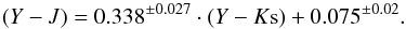 Mathematical equation: \begin{equation} (Y-J) = 0.338^{\pm0.027}\cdot(Y-K{\rm s}) + 0.075^{\pm0.02} \label{ymjvsymkseq} . \end{equation}