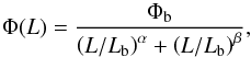 Mathematical equation: \begin{equation} \Phi(L) = \frac{\Phi_{\rm b}}{\left(L/L_{\rm b}\right)^\alpha+\left(L/L_{\rm b}\right)^\beta}, \end{equation}