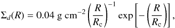 Mathematical equation: \begin{equation} \Sigma_d(R) = 0.04~{\rm g~cm^{-2}}\left(\frac{R}{R_{\rm c}}\right)^{-1}{\rm exp}\left[-\left(\frac{R}{R_{\rm c}}\right)\right]{\rm,} \end{equation}