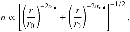 Mathematical equation: \begin{equation} \label{eqn:dustdens} n \propto \left[\left( \frac{r}{r_0} \right)^{-2\alpha_{\mathrm{in}}} + \left( \frac{r}{r_0} \right)^{-2\alpha_{\mathrm{out}}} \right] ^{-1/2}, \end{equation}